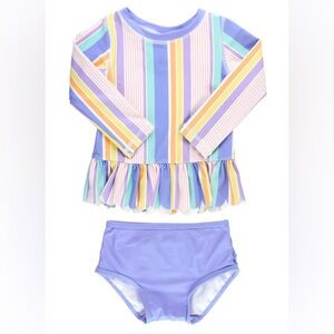Rufflebutts Rainbow Lane Stripe Scalloped Long Sleeve Rash Guard Bikini Sz 3-6m